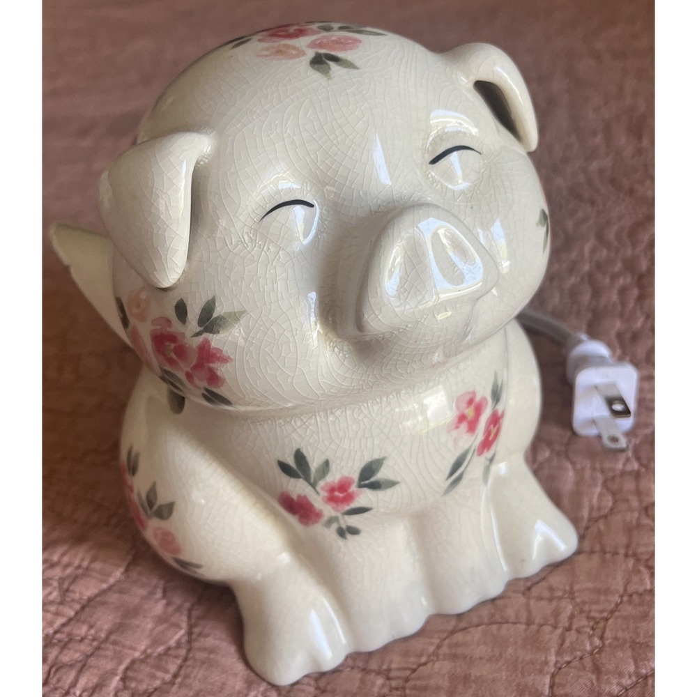 Vintage 1990s Flying Pig Night Light Floral Pink Roses‎ Cottagecore Lamp